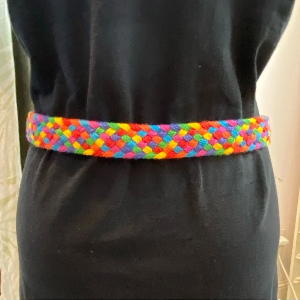 Vintage Rainbow Vibrant Woven Belt with Gold Buckle size Large